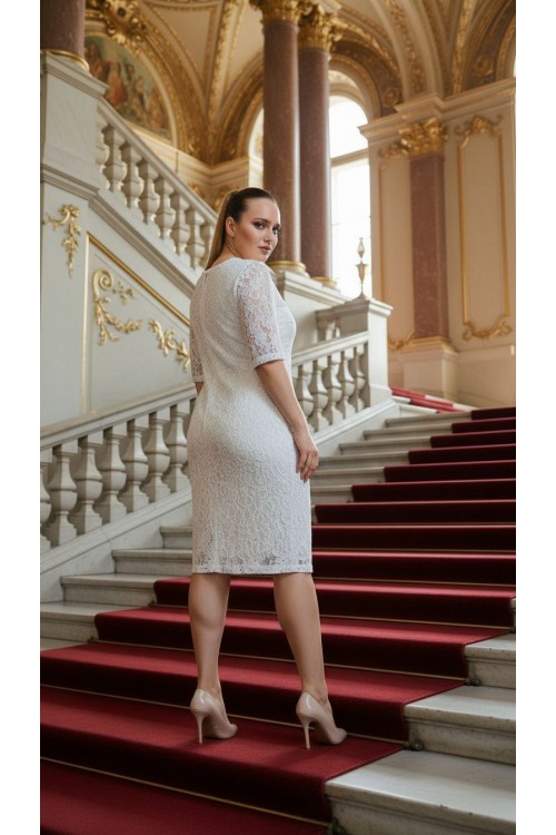 Nidya Moda Büyük Beden Kadın Ekru Dantel Abiye Elbise-4161E