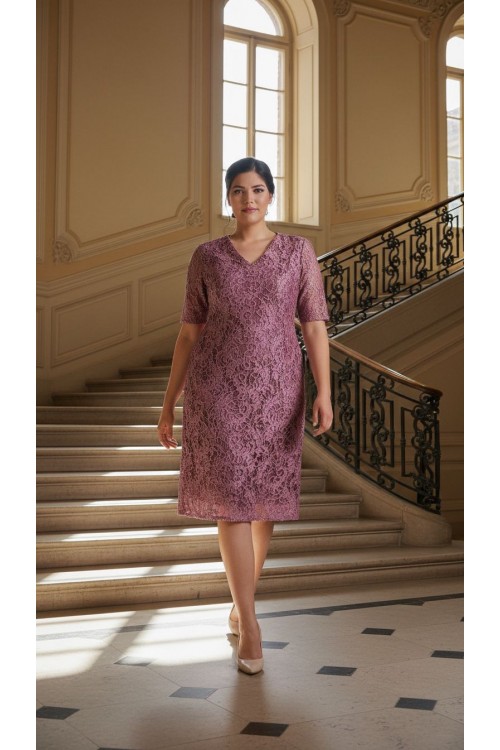 Nidya Moda Büyük Beden Kadın Gül Kurusu Kordoneli Sim Dantel Abiye Elbise-4161GK