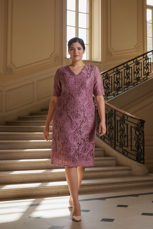 Nidya Moda Büyük Beden Kadın Gül Kurusu Kordoneli Sim Dantel Abiye Elbise-4161GK