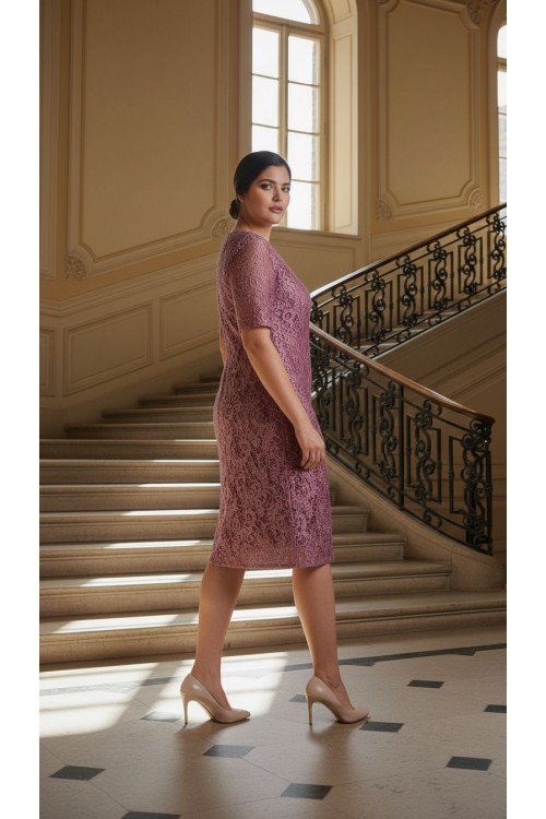 Nidya Moda Büyük Beden Kadın Gül Kurusu Kordoneli Sim Dantel Abiye Elbise-4161GK