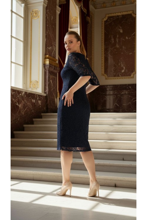 Nidya Moda Büyük Beden Kadın Lacivert Sim Kordoneli  Dantel Abiye Elbise-4161L