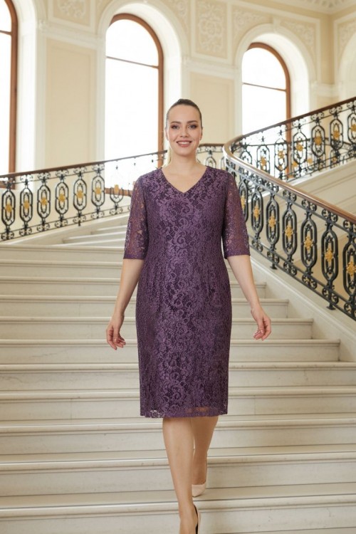 Nidya Moda Büyük Beden Kadın Lila Sim Kordoneli Dantel Abiye Elbise-4161LL