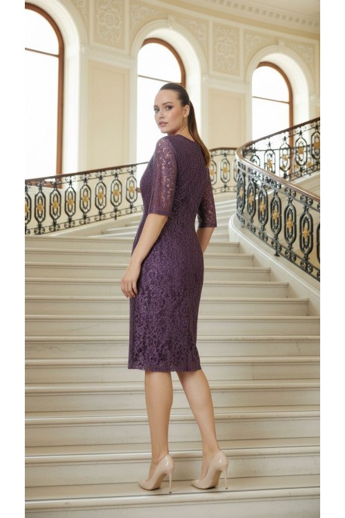 Nidya Moda Büyük Beden Kadın Lila Sim Kordoneli Dantel Abiye Elbise-4161LL