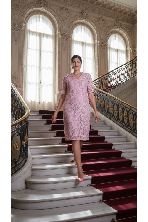 Nidya Moda Büyük Beden Kadın Pembe Kordoneli Sim Dantel Abiye Elbise-4161PE