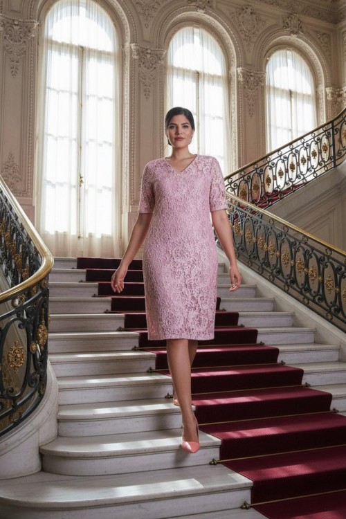 Nidya Moda Büyük Beden Kadın Pembe Kordoneli Sim Dantel Abiye Elbise-4161PE