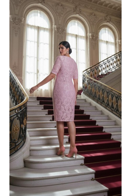 Nidya Moda Büyük Beden Kadın Pembe Kordoneli Sim Dantel Abiye Elbise-4161PE