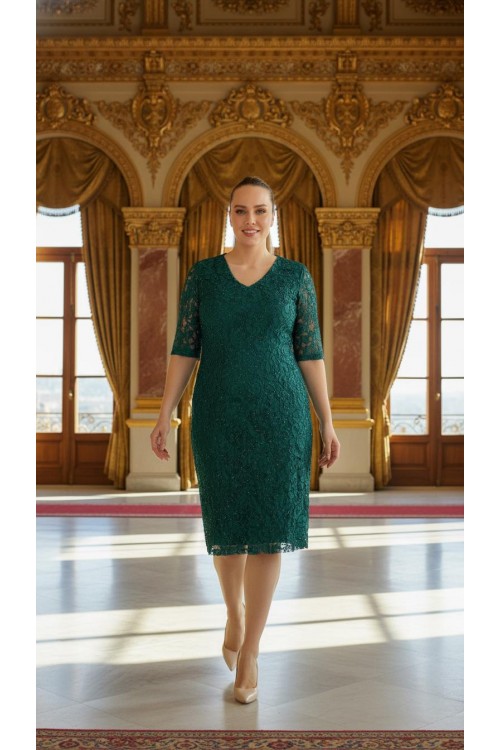 Nidya Moda Büyük Beden Kadın Yeşili Sim Kordoneli Dantel Abiye Elbise-4161Y