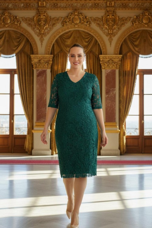 Nidya Moda Büyük Beden Kadın Yeşili Sim Kordoneli Dantel Abiye Elbise-4161Y