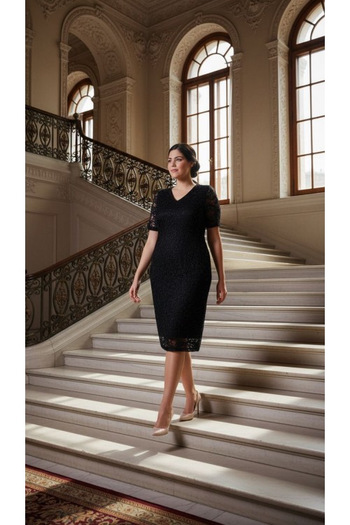 Nidya Moda Büyük Beden Kadın Siyah Sim Kordoneli  Dantel Abiye  Elbise-4161S