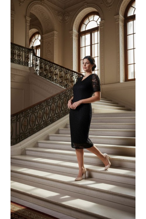 Nidya Moda Büyük Beden Kadın Siyah Sim Kordoneli  Dantel Abiye  Elbise-4161S