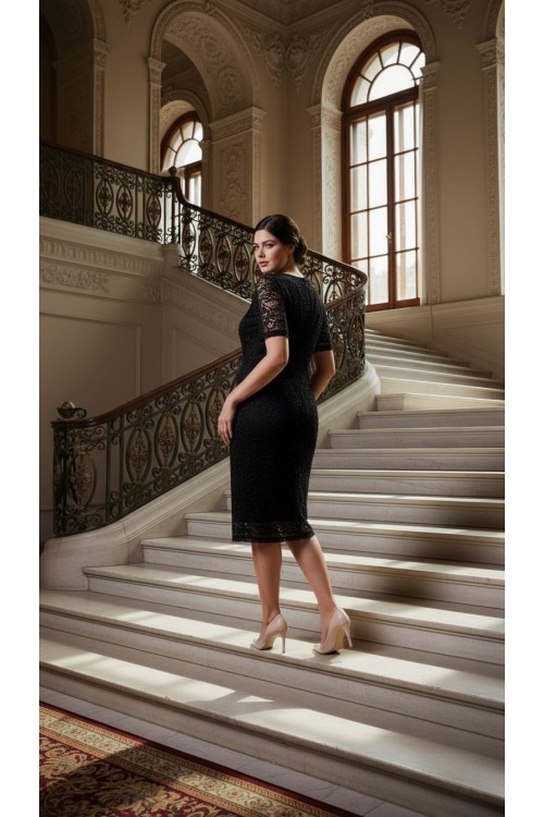 Nidya Moda Büyük Beden Kadın Siyah Sim Kordoneli  Dantel Abiye  Elbise-4161S