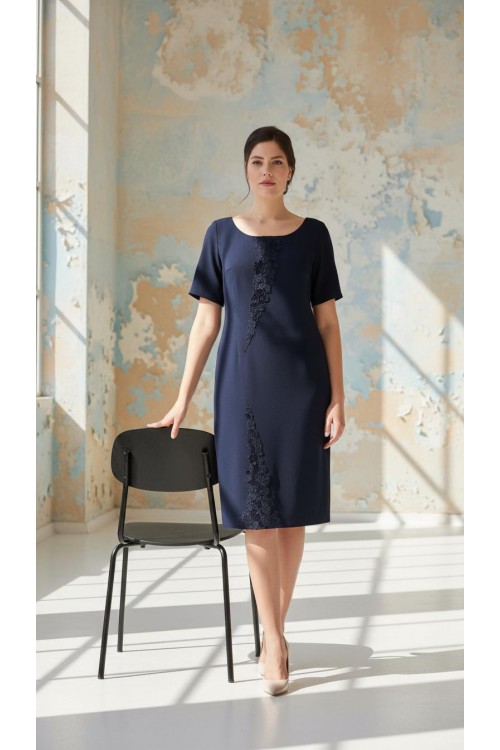 Nidya Moda Büyük Beden Kadın Lacivert Ön Dalga Sarmal Dantel Kombinli Krep Abiye Elbise-4162L