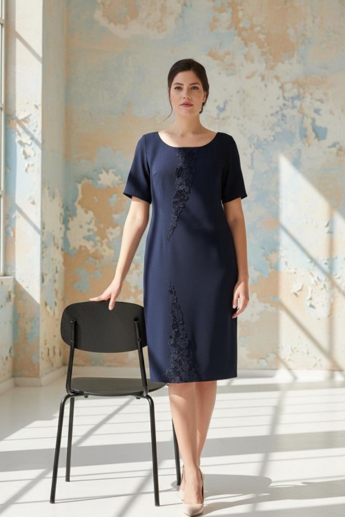 Nidya Moda Büyük Beden Kadın Lacivert Ön Dalga Sarmal Dantel Kombinli Krep Abiye Elbise-4162L