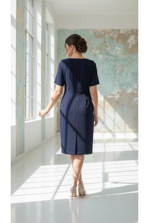 Nidya Moda Büyük Beden Kadın Lacivert Ön Dalga Sarmal Dantel Kombinli Krep Abiye Elbise-4162L