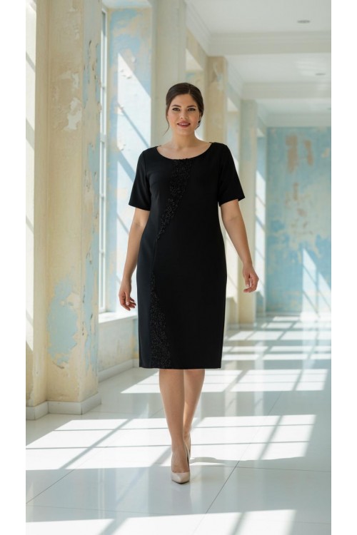 Nidya Moda Büyük Beden Kadın Siyah Ön Dalga Sarmal Dantel Kombinli Krep Abiye Elbise-4162S