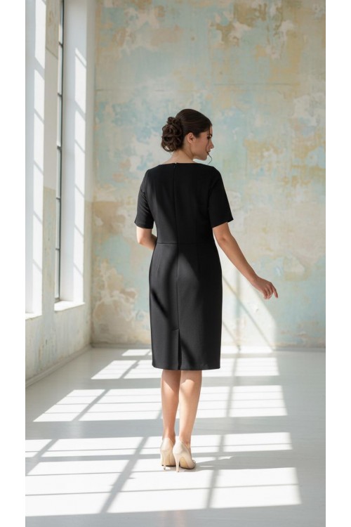 Nidya Moda Büyük Beden Kadın Siyah Ön Dalga Sarmal Dantel Kombinli Krep Abiye Elbise-4162S