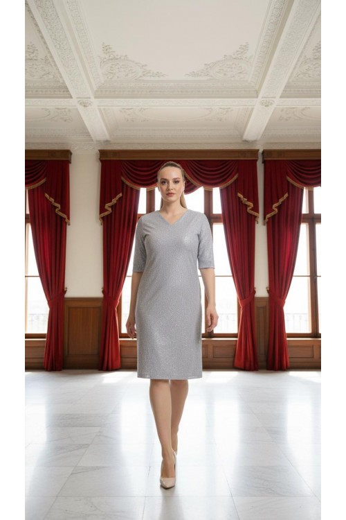 Nidya Moda Büyük Beden Kadın Gri Simli Kaplama Dantel V Yaka Abiye Elbise-4009LG