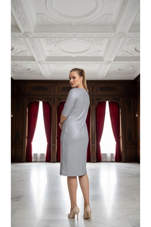 Nidya Moda Büyük Beden Kadın Gri Simli Kaplama Dantel V Yaka Abiye Elbise-4009LG