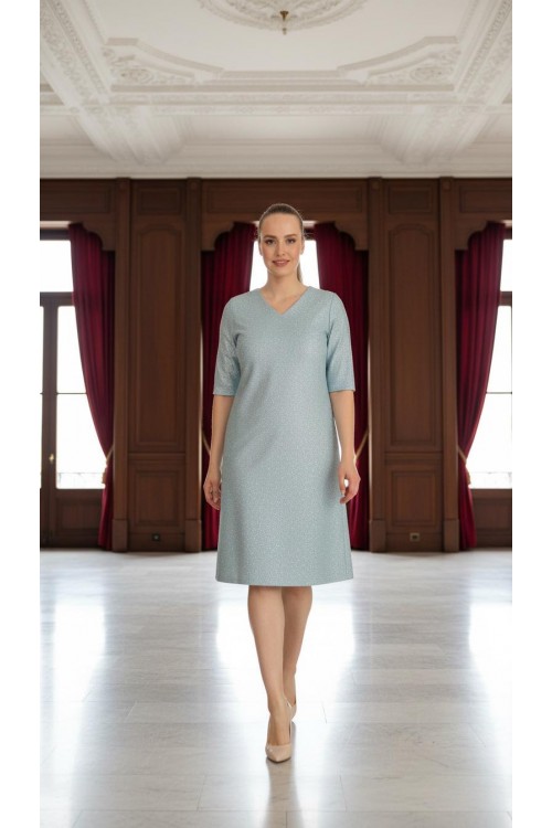 Nidya Moda Büyük Beden Kadın Mint Simli Kaplama Dantel V Yaka Abiye Elbise-4009LMT