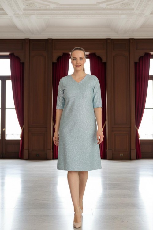 Nidya Moda Büyük Beden Kadın Mint Simli Kaplama Dantel V Yaka Abiye Elbise-4009LMT