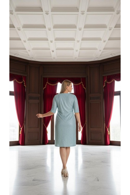 Nidya Moda Büyük Beden Kadın Mint Simli Kaplama Dantel V Yaka Abiye Elbise-4009LMT