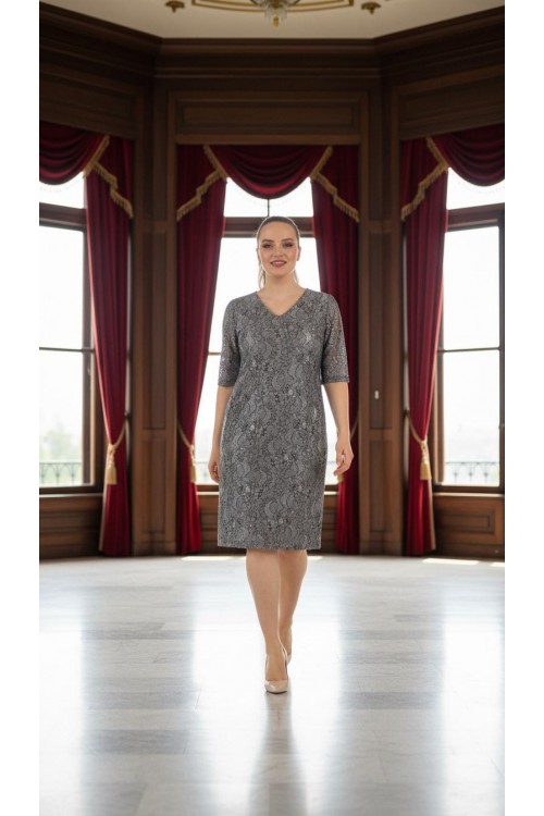 Nidya Moda Büyük Beden Kadın Siyah Simli Kaplama Dantel V Yaka Abiye Elbise-4009LS