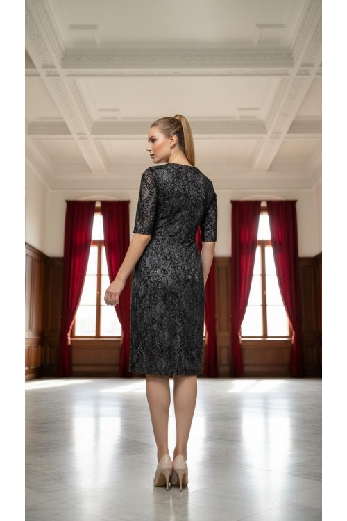 Nidya Moda Büyük Beden Kadın Siyah Simli Kaplama Dantel V Yaka Abiye Elbise-4009LS