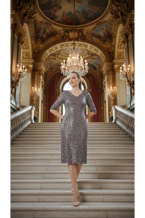 Nidya Moda Büyük Beden Kadın Gri Payet V Yaka Abiye Elbise-4009PG