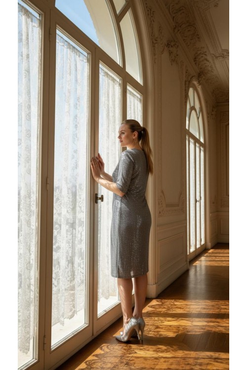 Nidya Moda Büyük Beden Kadın Gri Payet V Yaka Abiye Elbise-4009PG