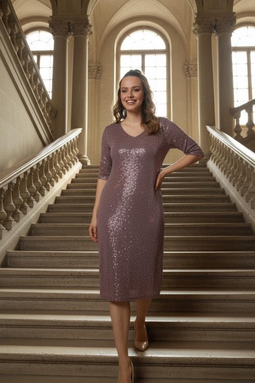 Nidya Moda Büyük Beden Kadın Lila Payet V Yaka Abiye Elbise-4009PLL