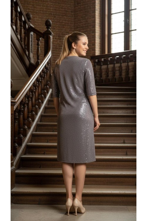 Nidya Moda Büyük Beden Kadın Lila Payet V Yaka Abiye Elbise-4009PLL