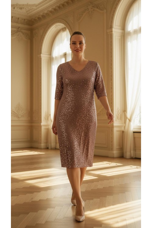 Nidya Moda Büyük Beden Kadın Oranj Payet V Yaka Abiye Elbise-4009PO