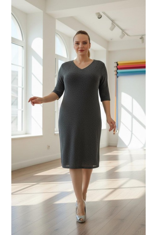 Nidya Moda Büyük Beden Kadın Gri Simli Örme V Yaka Abiye Elbise-4009RG