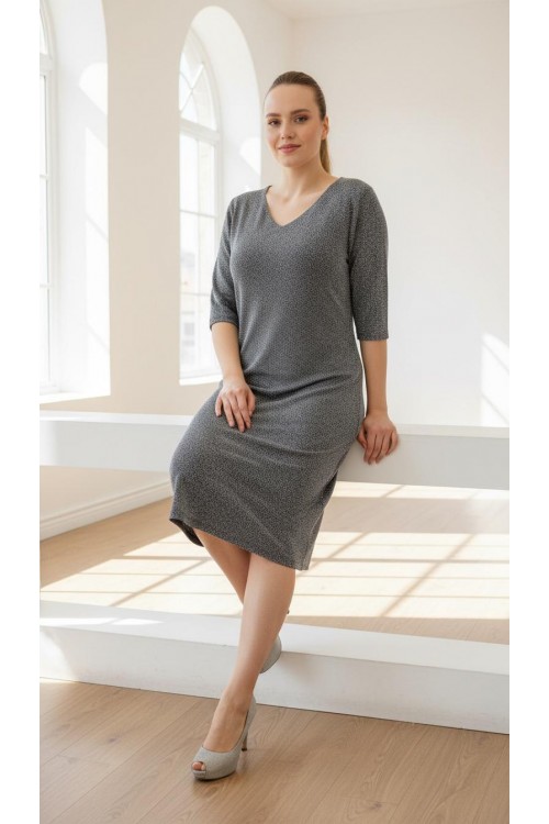 Nidya Moda Büyük Beden Kadın Gri Simli Örme V Yaka Abiye Elbise-4009RG