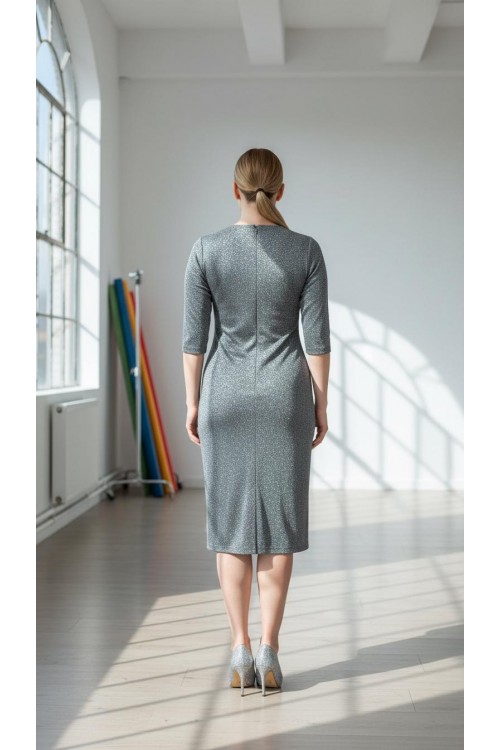 Nidya Moda Büyük Beden Kadın Gri Simli Örme V Yaka Abiye Elbise-4009RG