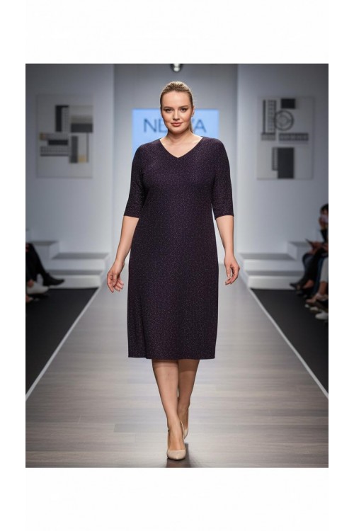 Nidya Moda Büyük Beden Kadın Mürdüm Simli Örme V Yaka Abiye Elbise-4009RM