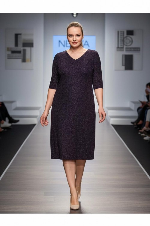 Nidya Moda Büyük Beden Kadın Mürdüm Simli Örme V Yaka Abiye Elbise-4009RM
