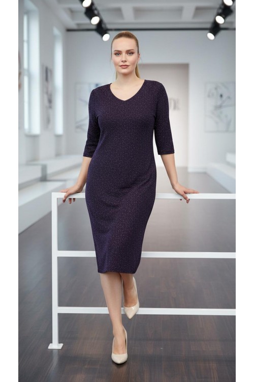 Nidya Moda Büyük Beden Kadın Mürdüm Simli Örme V Yaka Abiye Elbise-4009RM