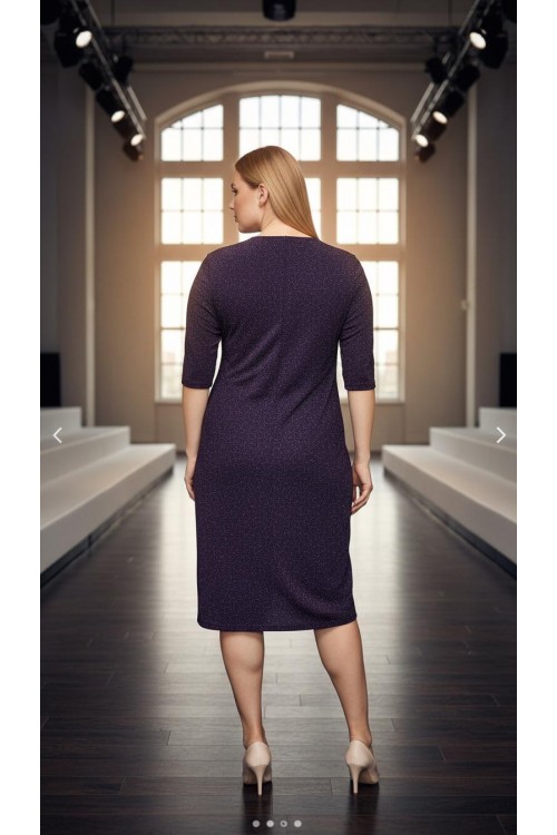 Nidya Moda Büyük Beden Kadın Mürdüm Simli Örme V Yaka Abiye Elbise-4009RM