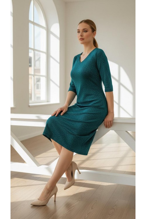 Nidya Moda Büyük Beden Kadın Petrol Simli Örme V Yaka Abiye Elbise-4009RP