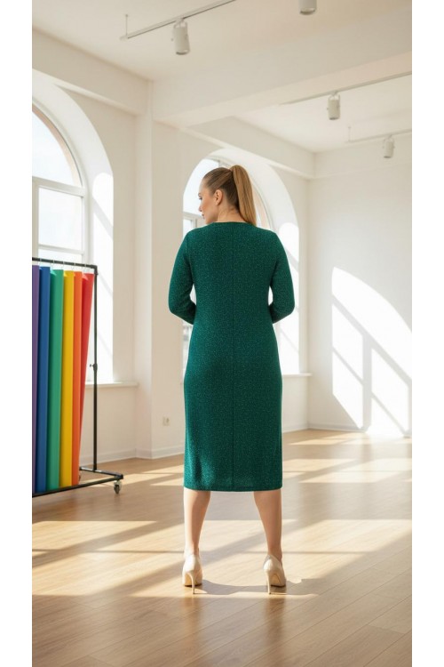 Nidya Moda Büyük Beden Kadın Petrol Simli Örme V Yaka Abiye Elbise-4009RP