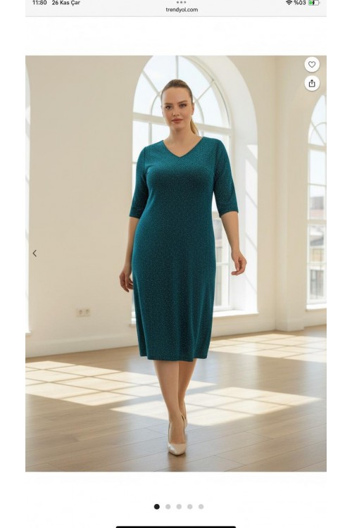 Nidya Moda Büyük Beden Kadın Petrol Simli Örme V Yaka Abiye Elbise-4009RP