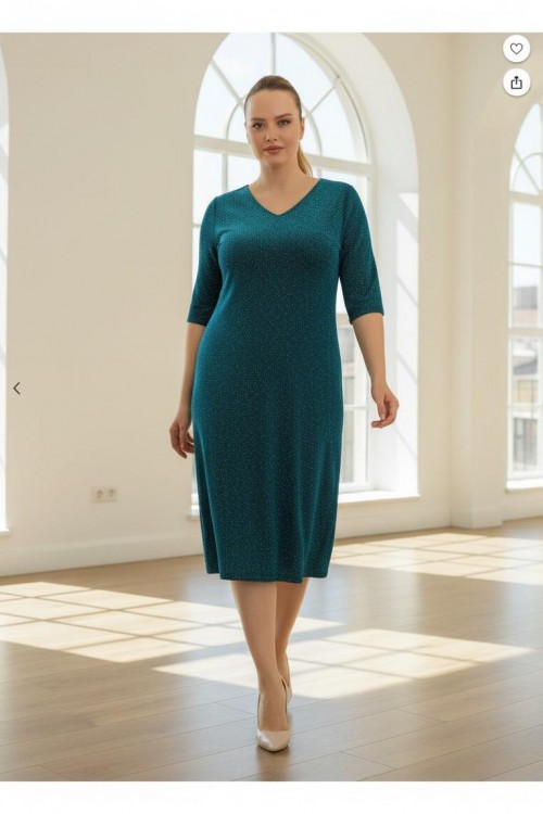 Nidya Moda Büyük Beden Kadın Petrol Simli Örme V Yaka Abiye Elbise-4009RP