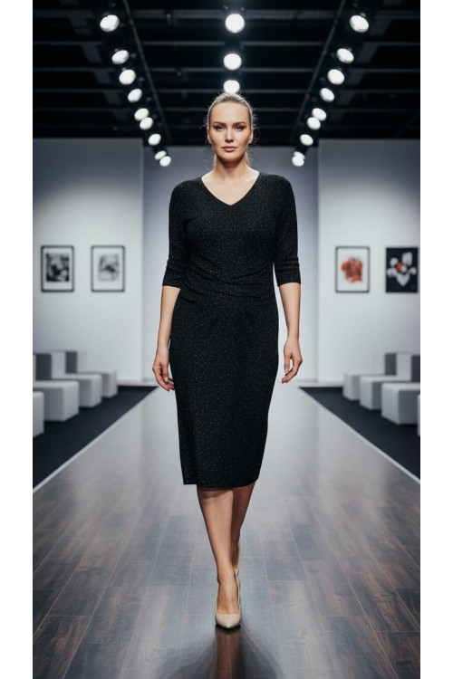 Nidya Moda Büyük Beden Kadın Siyah Simli Örme V Yaka Abiye Elbise-4009RS