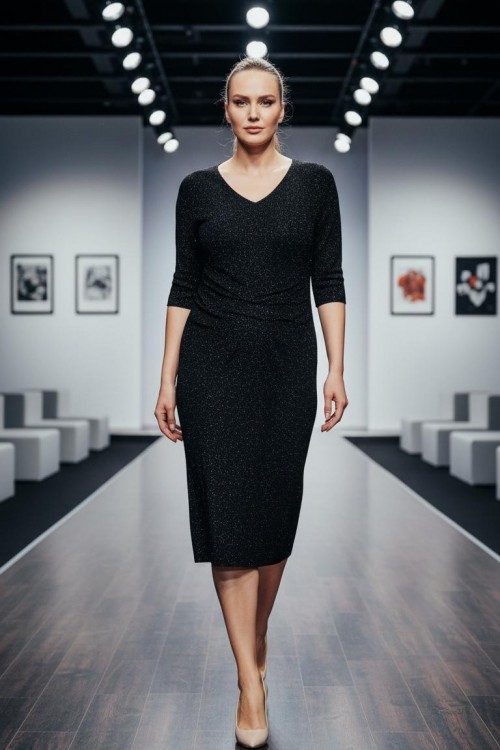 Nidya Moda Büyük Beden Kadın Siyah Simli Örme V Yaka Abiye Elbise-4009RS