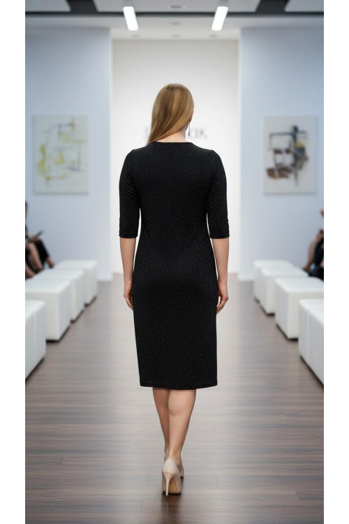 Nidya Moda Büyük Beden Kadın Siyah Simli Örme V Yaka Abiye Elbise-4009RS