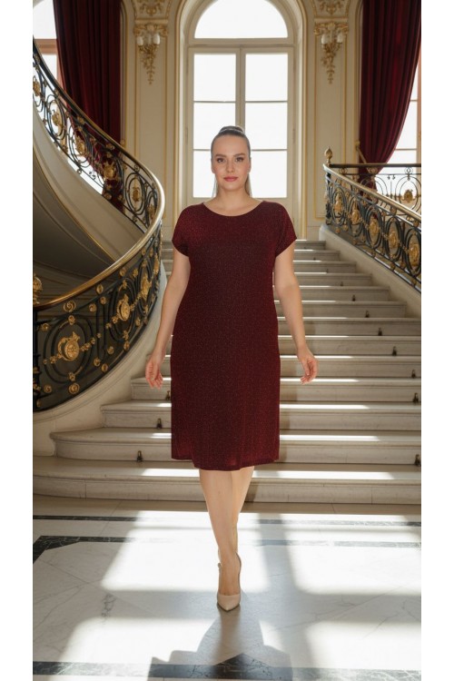 Nidya Moda Büyük Beden Kadın Bordo Simli Örme Vako Abiye Elbise-4035ABO