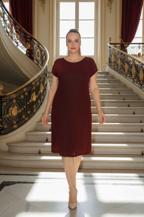 Nidya Moda Büyük Beden Kadın Bordo Simli Örme Vako Abiye Elbise-4035ABO