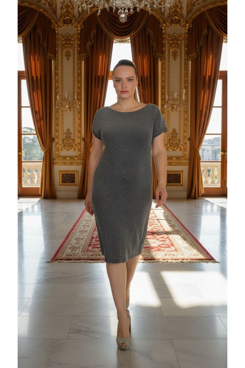 Nidya Moda Büyük Beden Kadın Gri Simli Örme Vako Abiye Elbise-4035AG