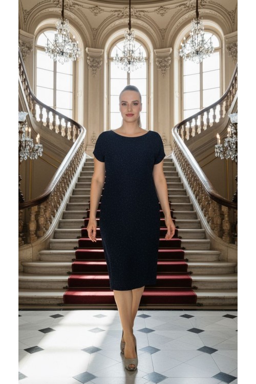 Nidya Moda Büyük Beden Kadın Lacivert Simli Örme Vako Abiye Elbise-4035AL